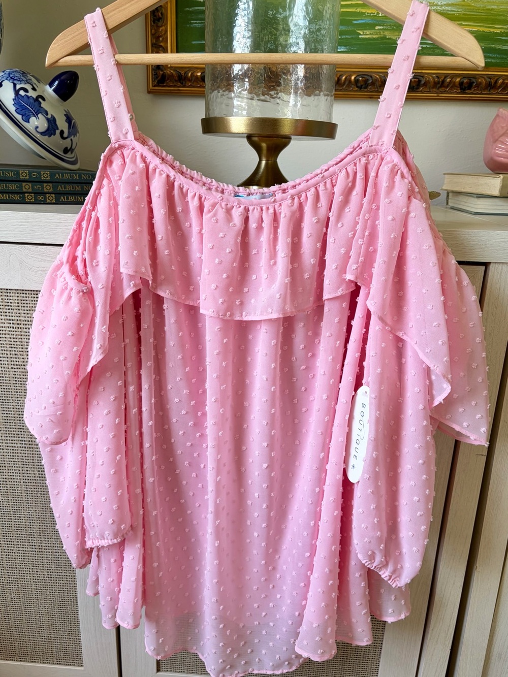 Women’s Pink Cold-Shoulder Blouse with Ruffle-NWT (00B)